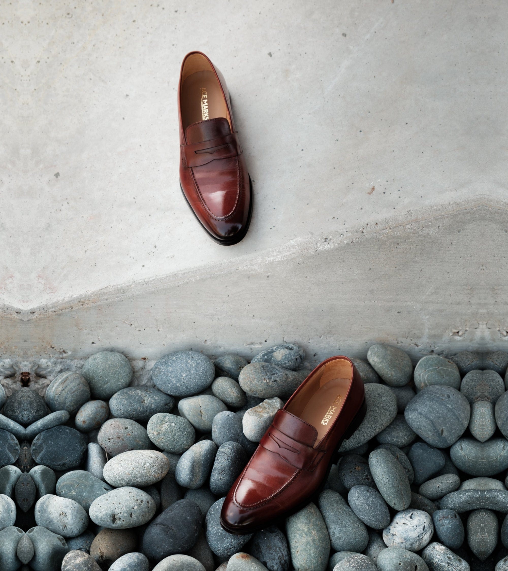 Men's brown polished penny loafer with almond toe and low heel
