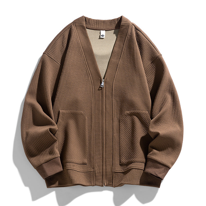 Men's textured knit cardigan with V-neck, zip front and patch pockets