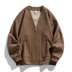 Men's textured knit cardigan with V-neck, zip front and patch pockets