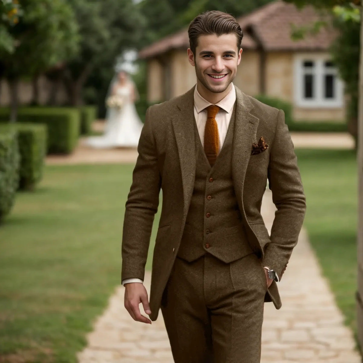 Men's three-piece textured suit with notched jacket, buttoned waistcoat and tailored trousers