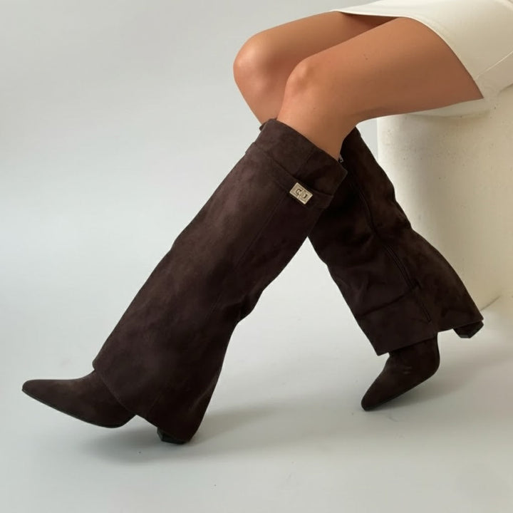 Women's over-the-knee boots with pointed toes, low heels, side zips and buckle strap details