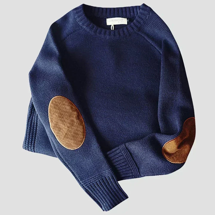 Men's crew neck jumper with contrast elbow patches