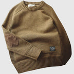 Men's crew neck jumper with contrast elbow patches