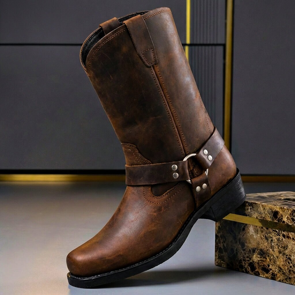 Tall men's biker boot with ankle straps, metal studs and low heel