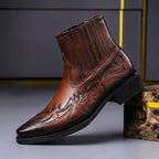 Western ankle boots with pointed toes and stitched panels