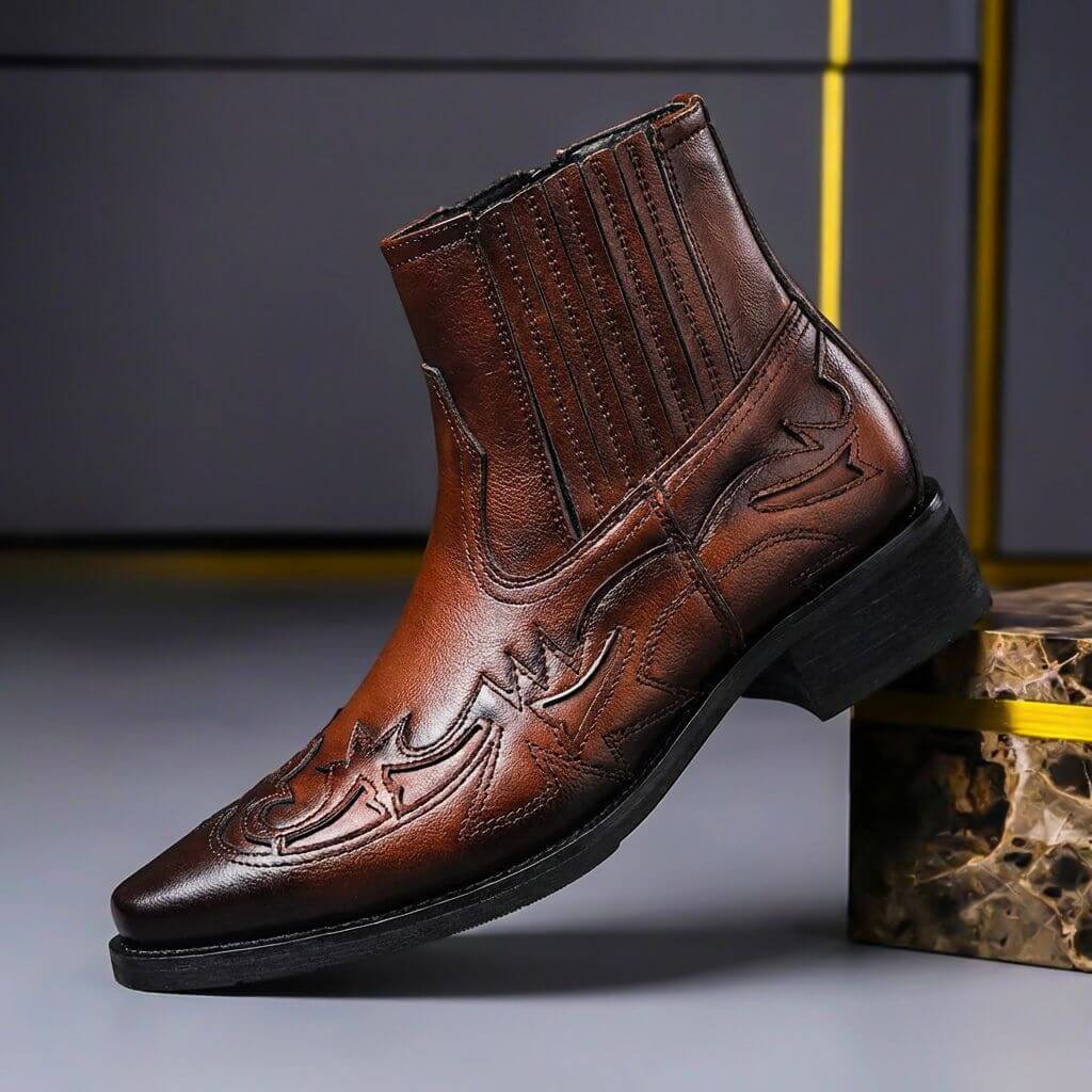 Western ankle boots with pointed toes and stitched panels