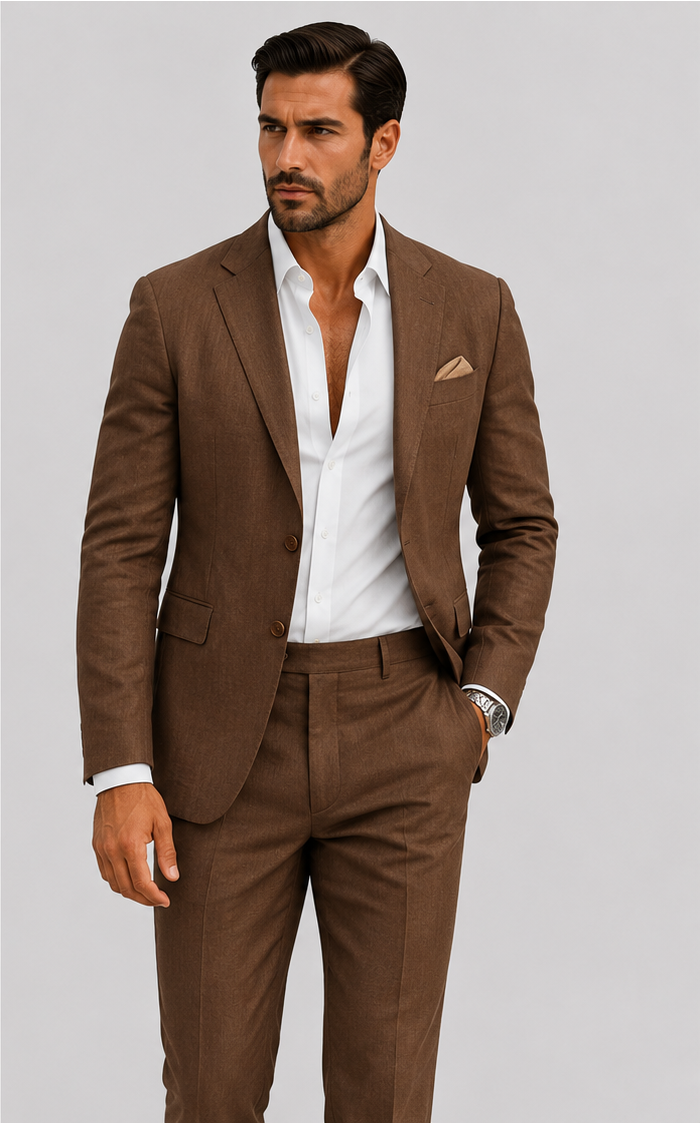 Men's tailored two-piece suit with notched lapels and matching trousers