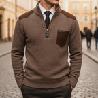 Men's half-zip sweater with stand collar, contrast shoulder panels and chest pocket