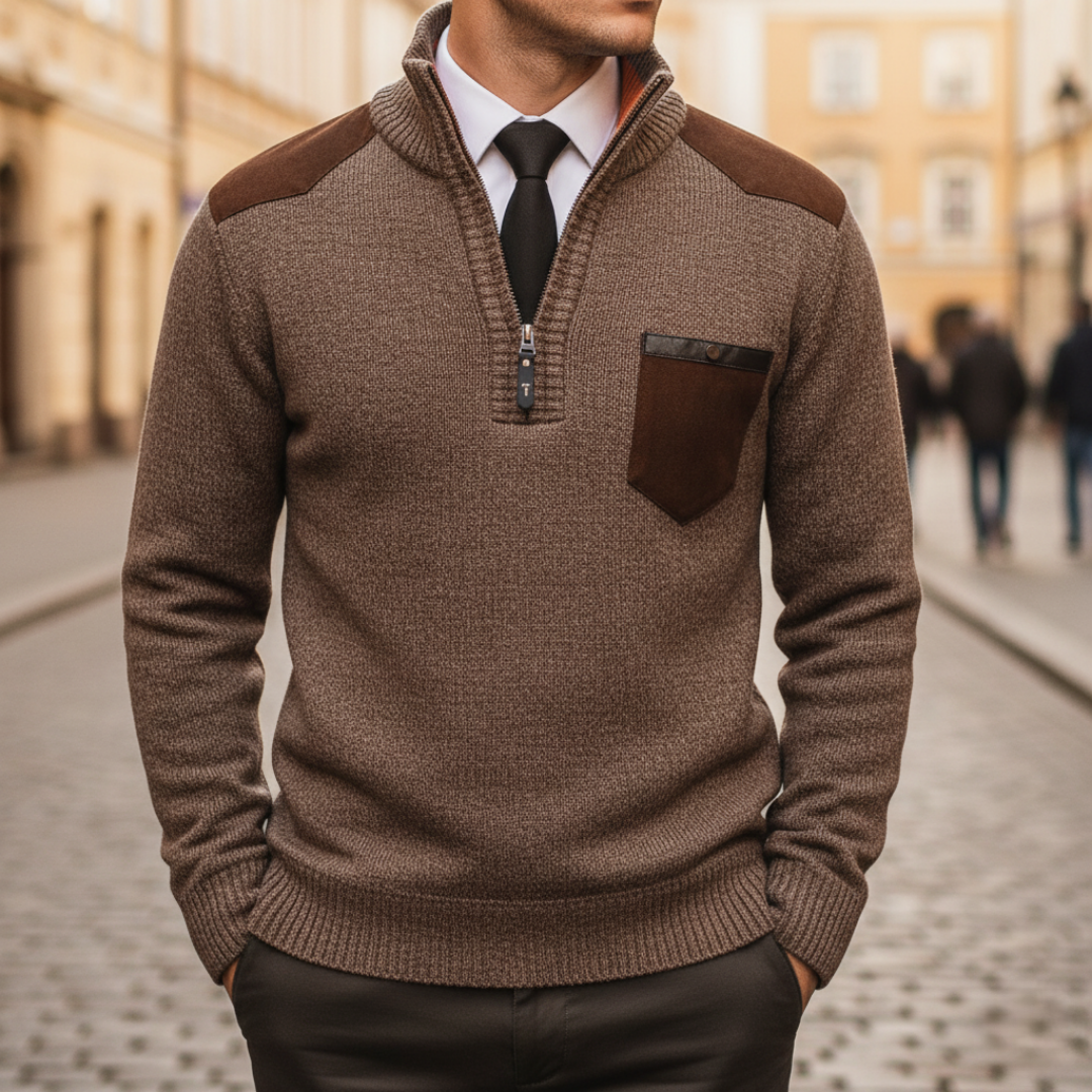 Men's half-zip sweater with stand collar, contrast shoulder panels and chest pocket