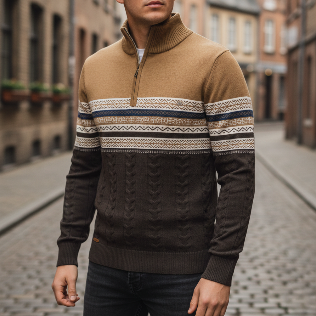 Men's patterned half-zip sweater with ribbed collar