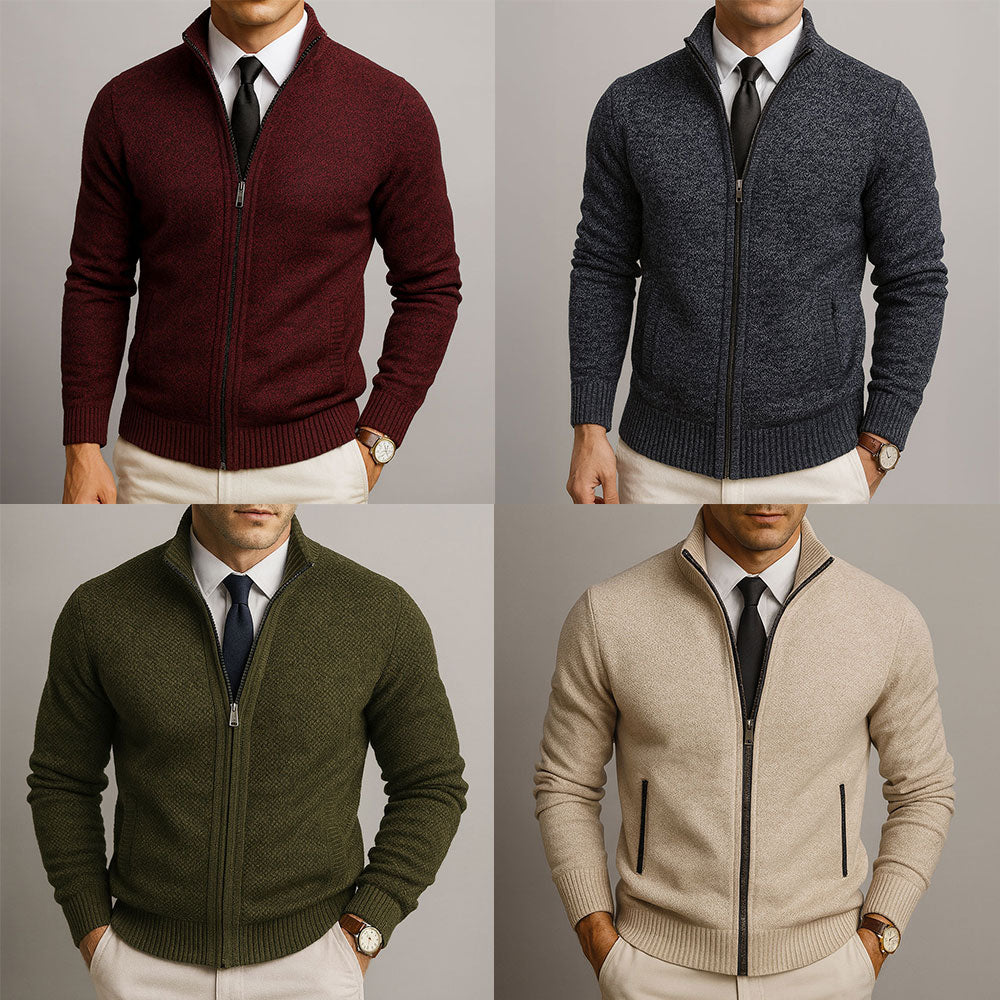 Men's plain knit zip-up cardigan with high collar, long sleeves and zipped pockets
