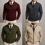 Men's plain knit zip-up cardigan with high collar, long sleeves and zipped pockets