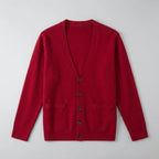 Men's plain V-neck cardigan with buttons, long sleeves and patch pockets