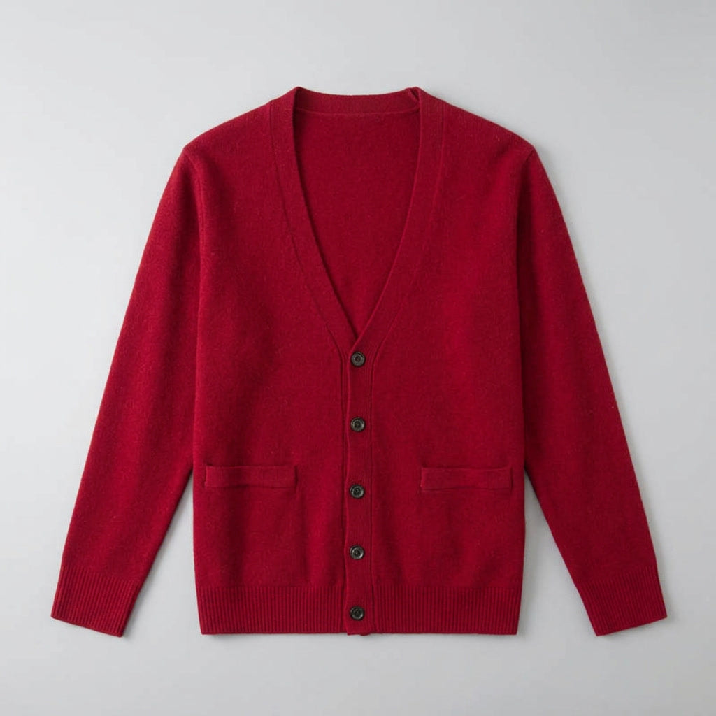 Men's plain V-neck cardigan with buttons, long sleeves and patch pockets