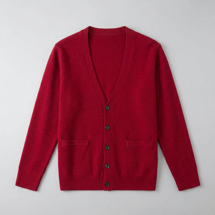 Men's plain V-neck cardigan with buttons, long sleeves and patch pockets