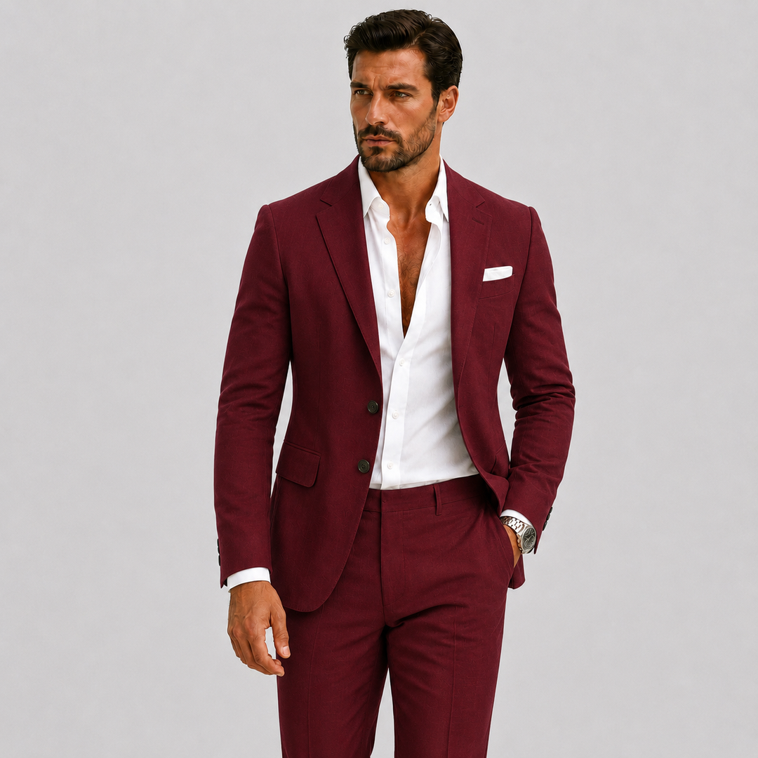 Men's tailored two-piece suit with notched lapels and matching trousers