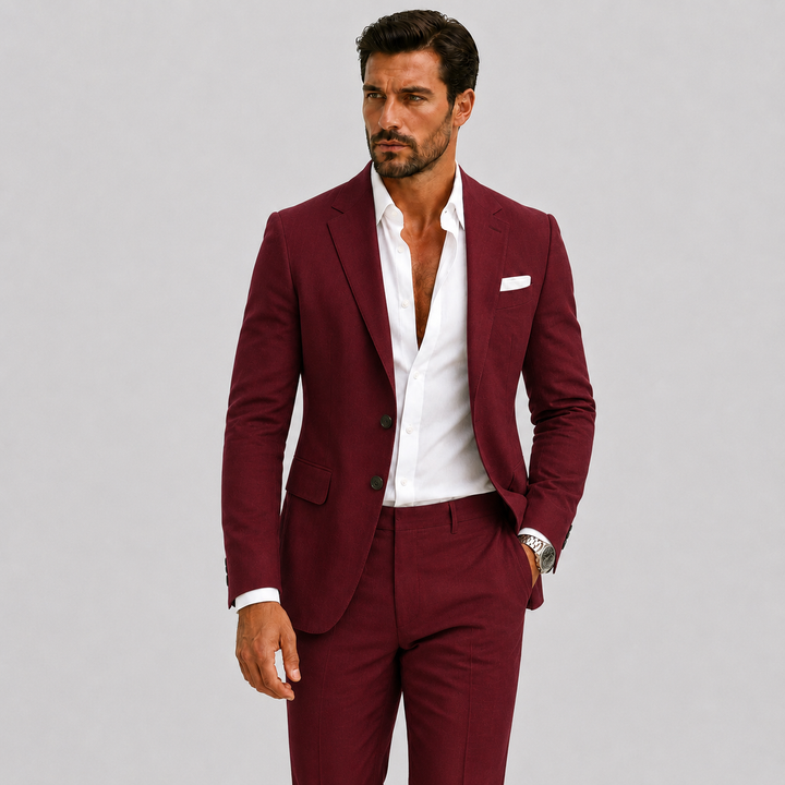 Men's tailored two-piece suit with notched lapels and matching trousers