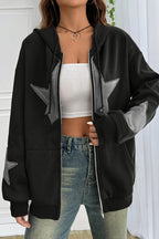 Women's oversized zip hoodie with contrasting star appliques, hood and kangaroo pockets