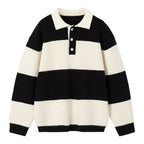 Men's black and cream striped polo sweater with long sleeves and button placket