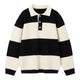Men's black and cream striped polo sweater with long sleeves and button placket