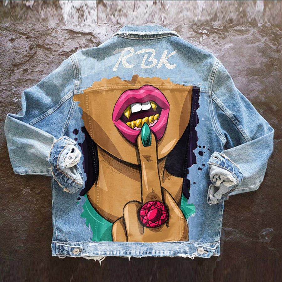 Denim jacket with colourful Halloween graphic on the back