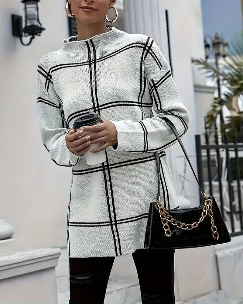 Women's white checkered mock neck sweater with long sleeves and side splits