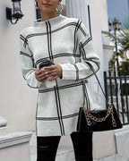 Women's white checkered mock neck sweater with long sleeves and side splits