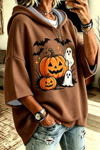 Women's oversized hooded top with pumpkin, bat and ghost Halloween graphic