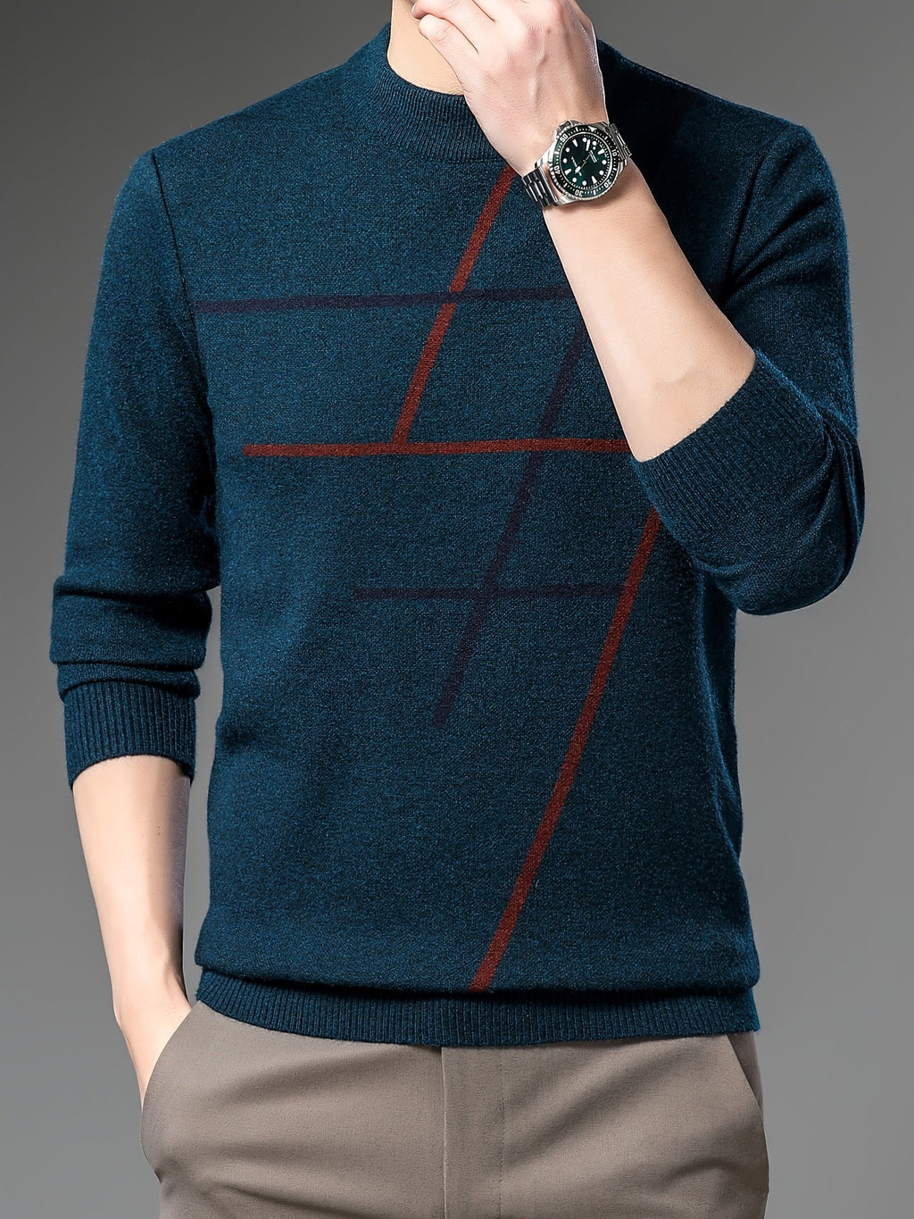 Men's geometric pattern crew-neck jumper with long sleeves