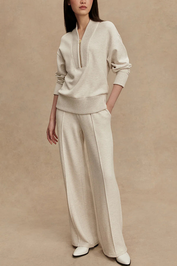 Women's ribbed half-zip sweatshirt and wide-leg trousers set