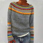 Women's multicolour striped Nordic-style sweater with boat neckline