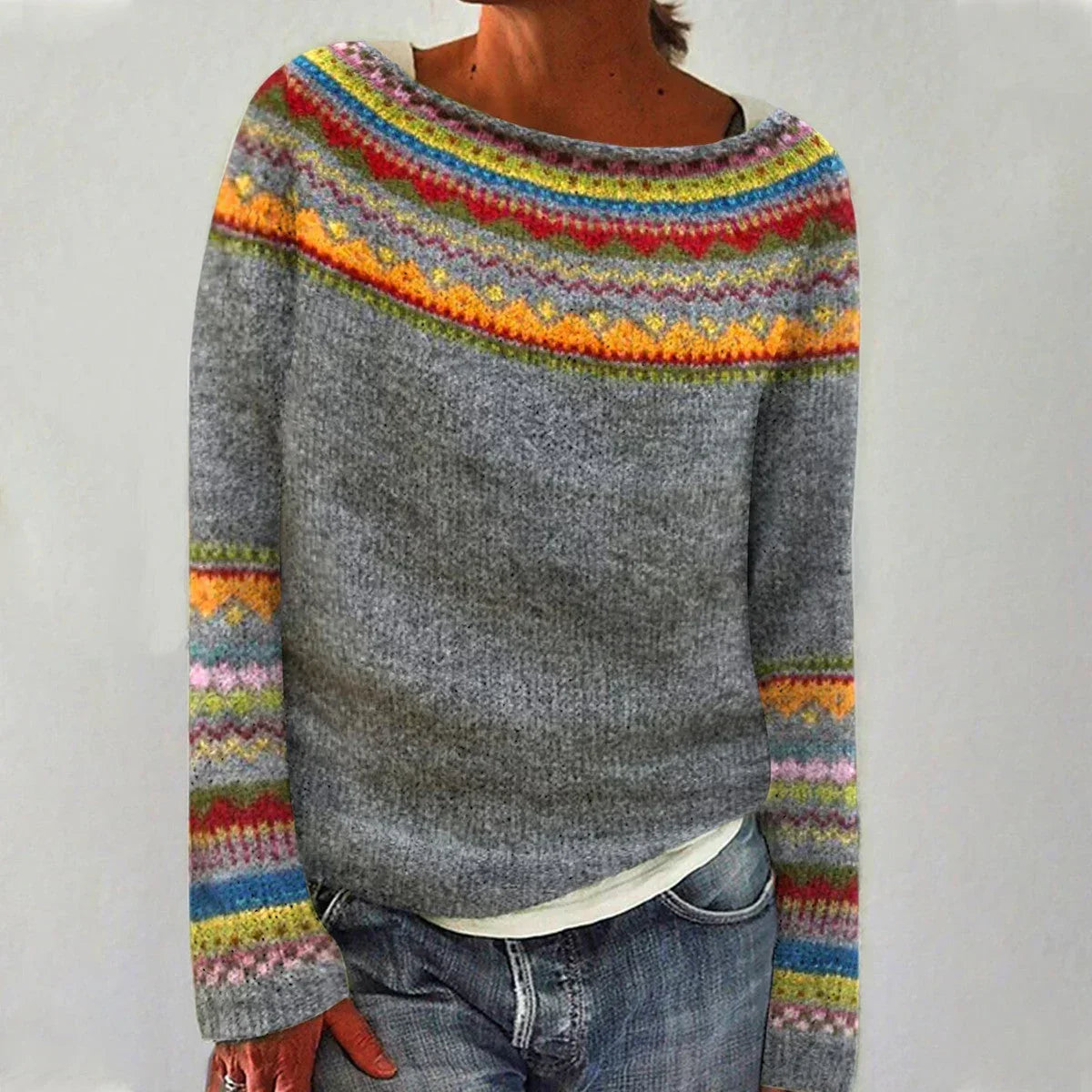 Women's multicolour striped Nordic-style sweater with boat neckline