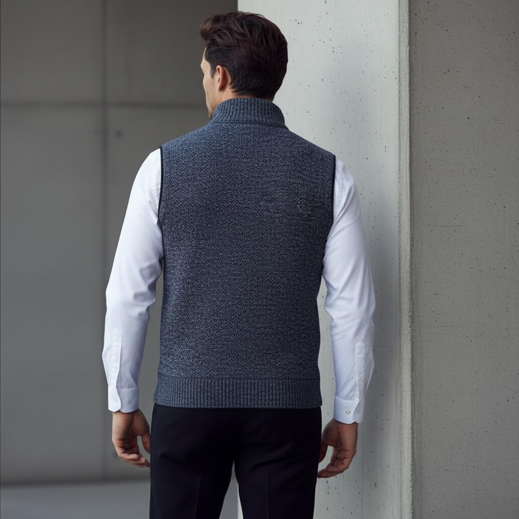 Men's knitted zip-front vest with high collar and pockets