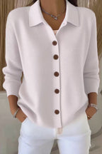Women's plain knit cardigan with shirt collar, long sleeves and button front