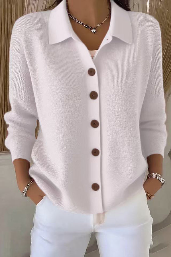 Women's plain knit cardigan with shirt collar, long sleeves and button front