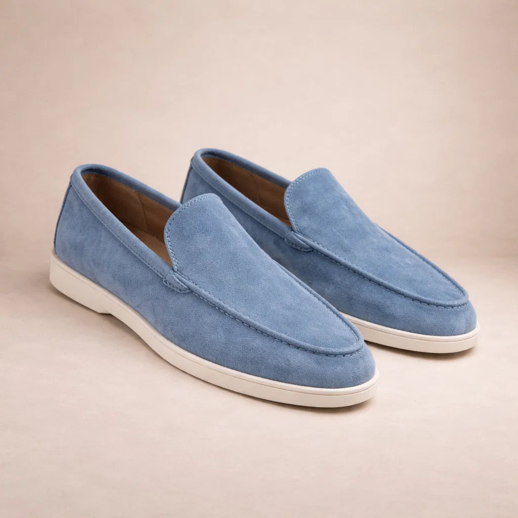 Men's slip-on moc toe loafers with flat white soles