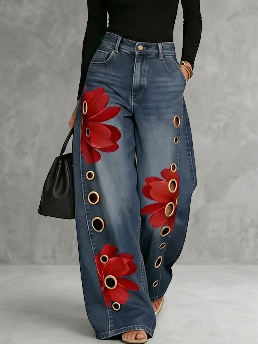 Women's high-waisted wide-leg jeans with red floral embroidery and gold eyelets