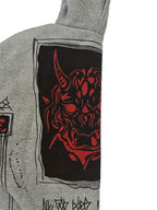 Men's grey zip-up hoodie with hood, graphic patches and front pockets