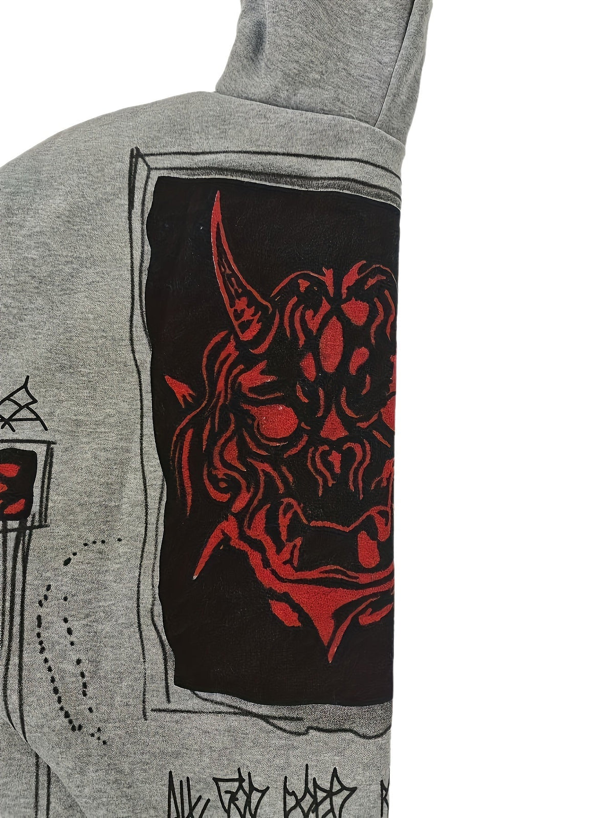 Men's grey zip-up hoodie with hood, graphic patches and front pockets