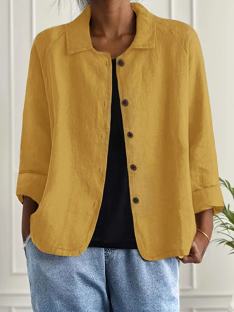 Women's collared shirt-style cardigan with button front and long sleeves
