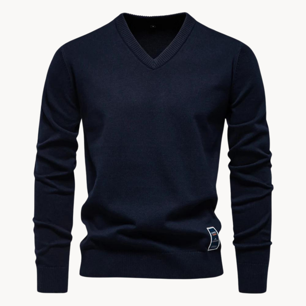 Men's long-sleeve V-neck sweater with ribbed trims