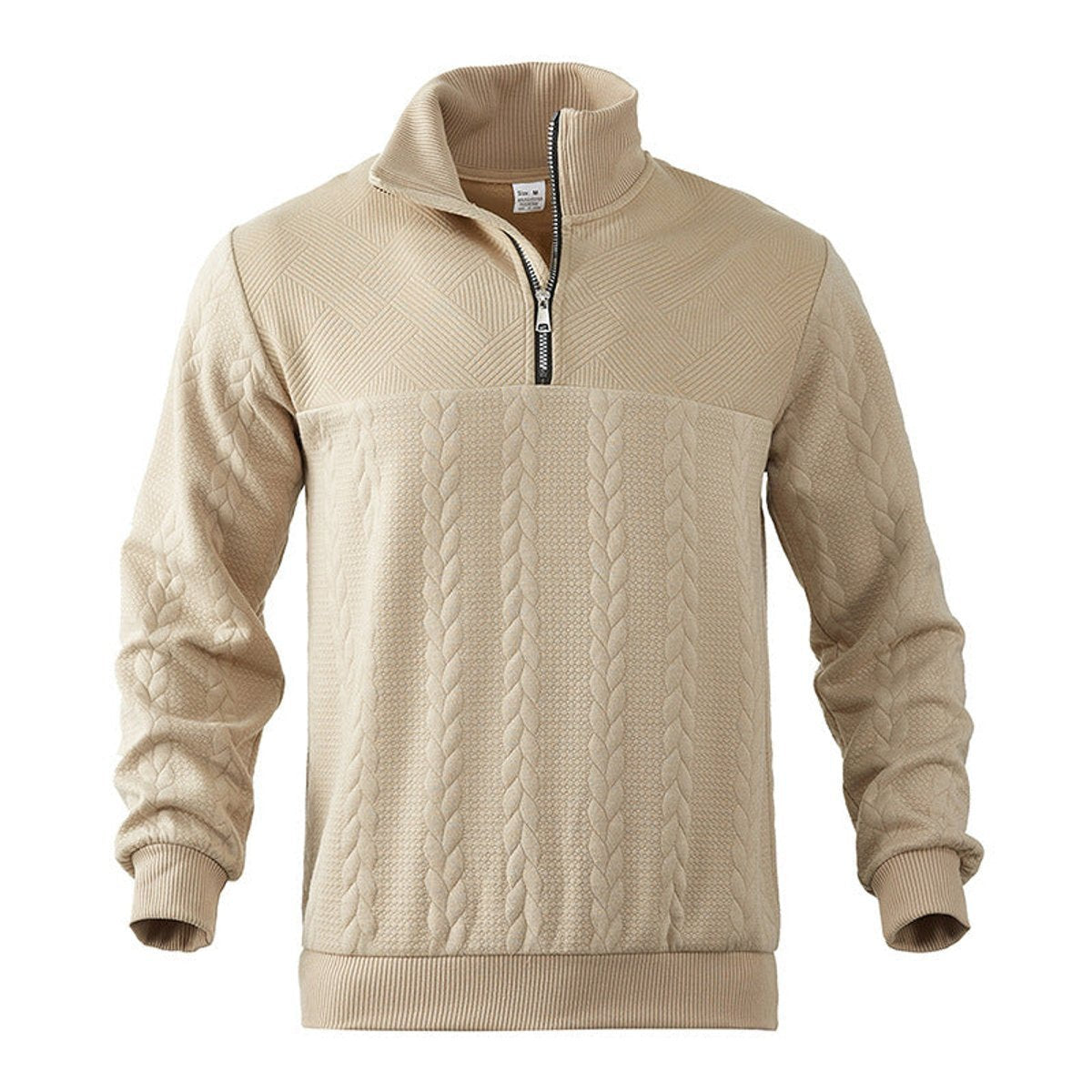 Men's quarter-zip jumper with stand collar and vertical cable-knit panels