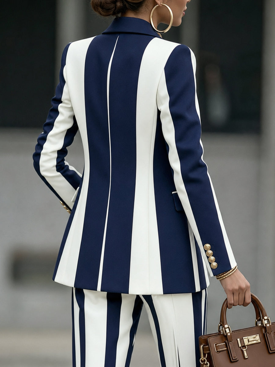 Women's navy and white striped blazer with notched lapels and long sleeves