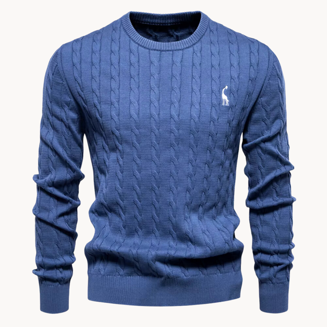 Men's cable-knit jumper with crew neck, long sleeves and chest emblem