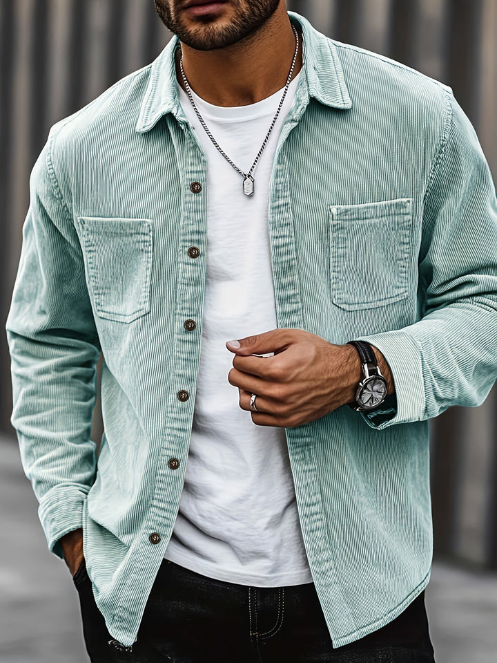 Men's light green corduroy overshirt with a button front and two patch pockets