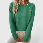 Women's long-sleeve crew neck jumper with shoulder buttons and cropped hem