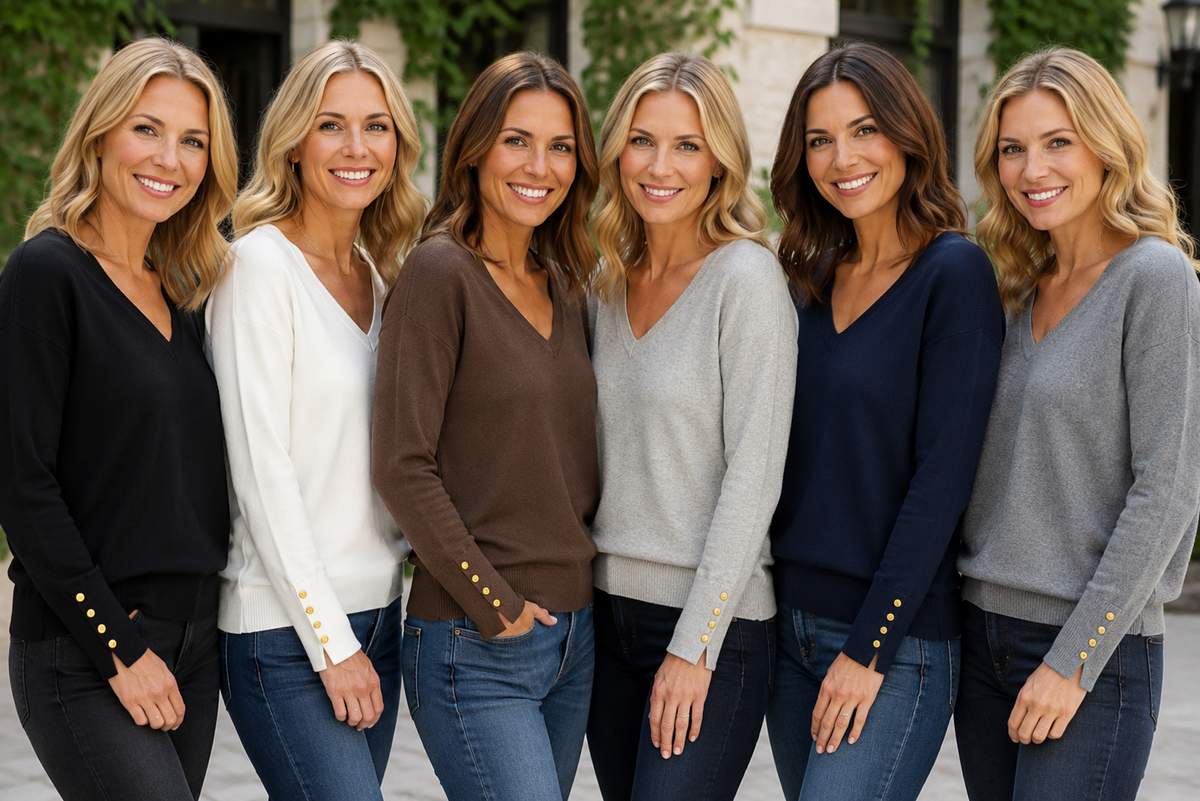 Women's plain fine-knit V-neck jumper with long sleeves and gold-tone cuff buttons