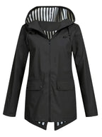 Women's hooded rain jacket with striped lining and flap pockets