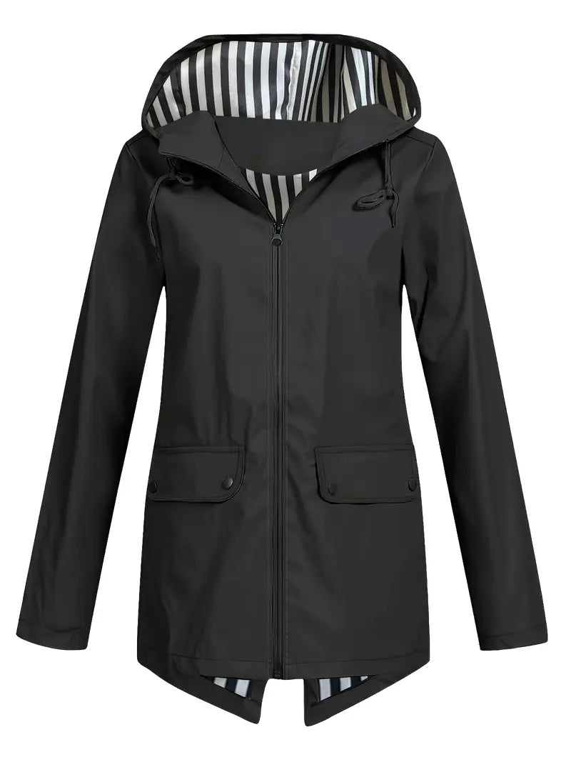 Women's hooded rain jacket with striped lining and flap pockets