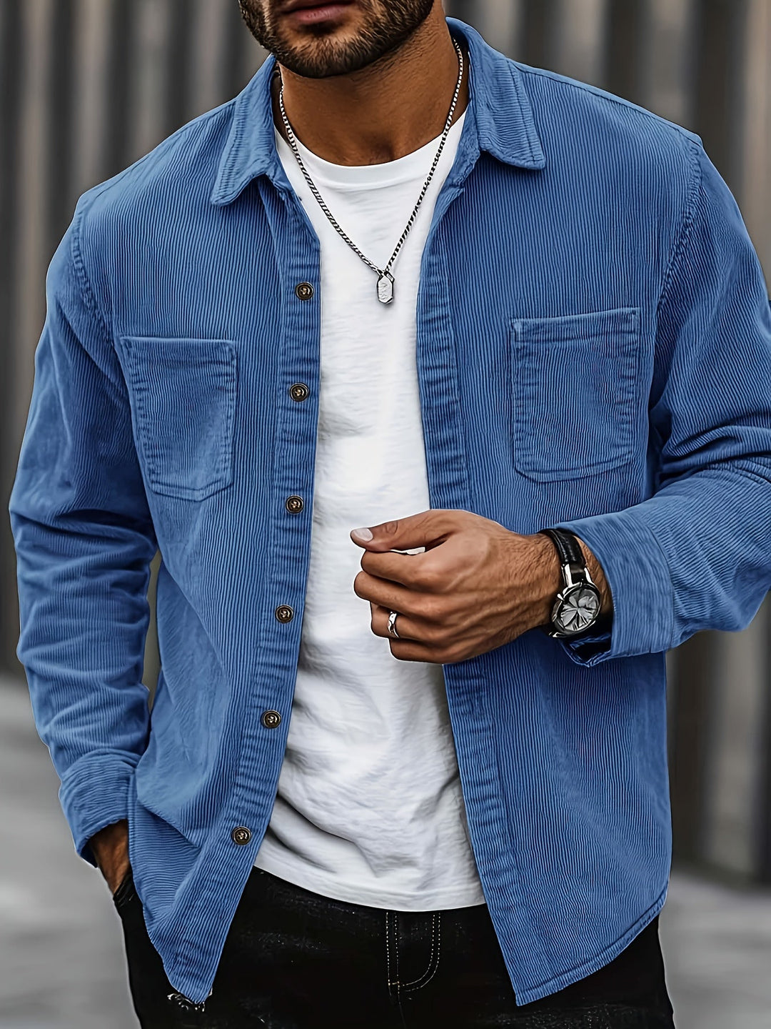 Men's blue corduroy overshirt with a button front and two patch pockets